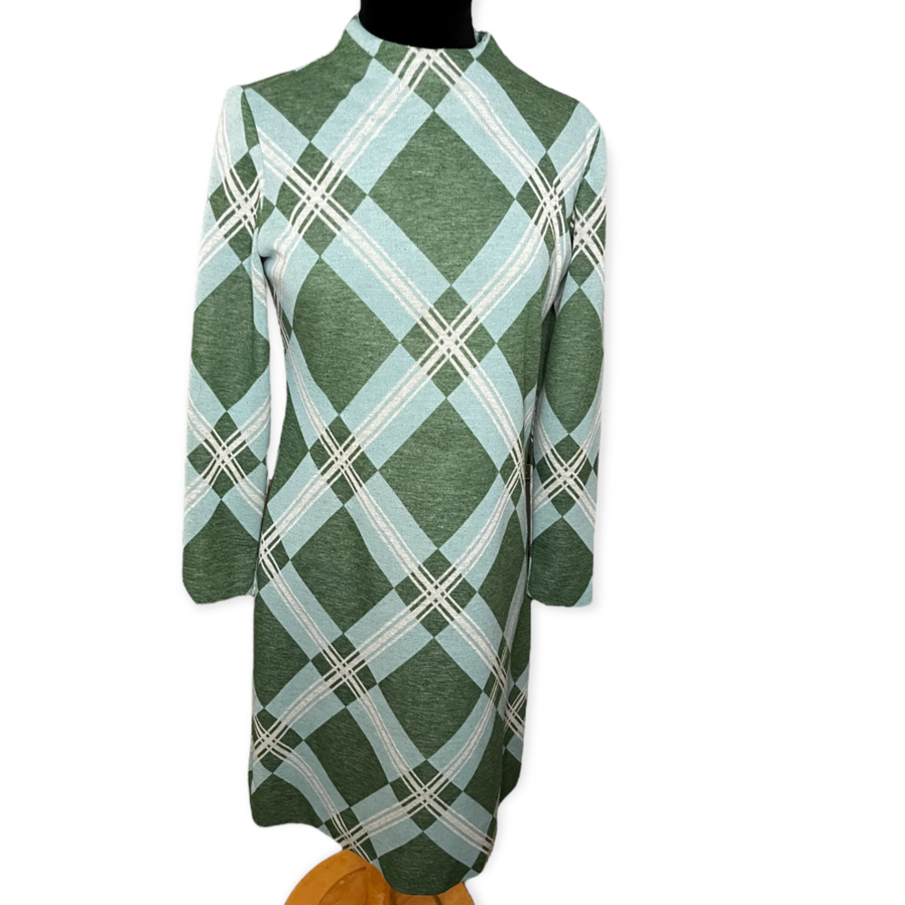 Vintage 70s Green Blue Plaid Long Sleeve Shift Dress Fall Winter Medium/Large